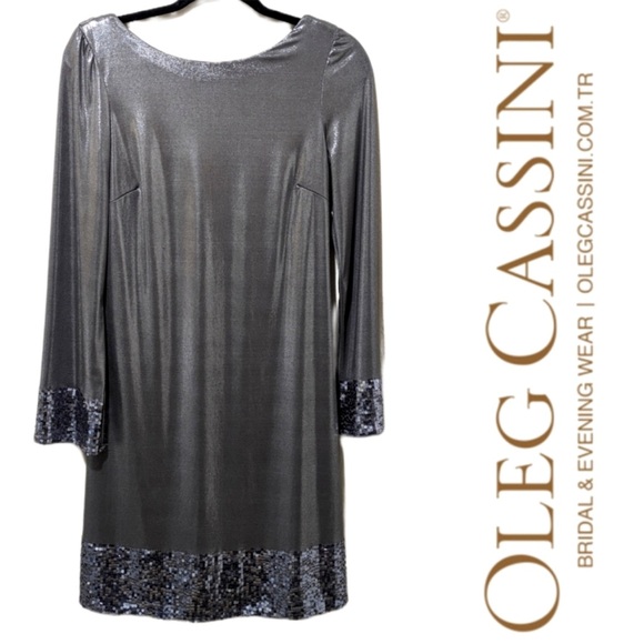 Oleg Cassini Liquid Silver Cowl Back Sequin Party Dress Size 4 - Picture 1 of 7